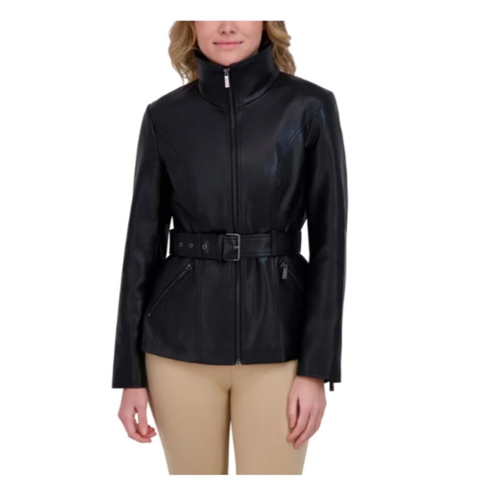 Kenneth Cole Women's Belted Faux Leather Jacket Black - Picture 4 of 4